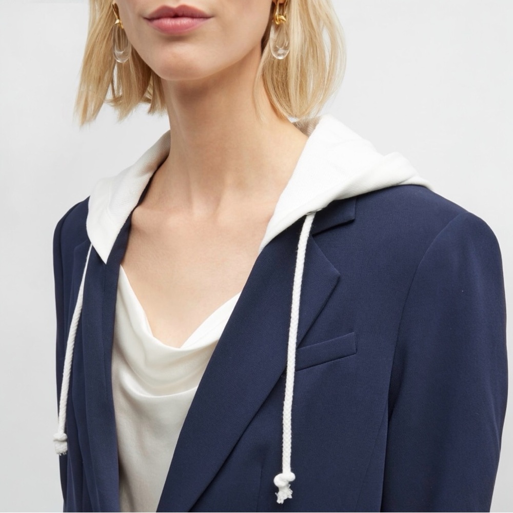 Cinq a Sept Women’s Hooded Relaxed Fit Navy Blue and White Khloe Blazer Jacket - Picture 8 of 15